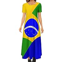 Brazilian Flag Women's Short Sleeve Crewneck Dress Casual Long Maxi Dresses