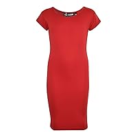 Girls Bodycon Plain Short Sleeve Long Length Dresses - Midi Dress Red 7-8