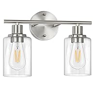FOLKSMATE Bathroom Light Fixtures, 2 Light Brushed Nickel Vanity Light, Silver Wall Sconce Lighting, Modern Bath Wall Mounted Light with Glass Shade, Porch Wall Lamp for Living Room, Bedroom, Hallway