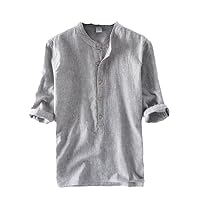 HAN HONG Men's Pullover Cotton Linen Shirts Short Sleeve Men Summer Breathable Stand Collar Business Shirts