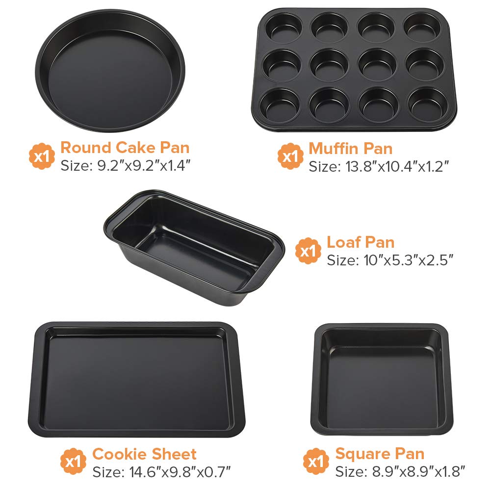 Nonstick Bakeware Set, 5 Pcs Bakeware Include Cookie Sheet, Loaf Pan, Square Pan, Round Cake Pan, 12 Cups Muffin Pan