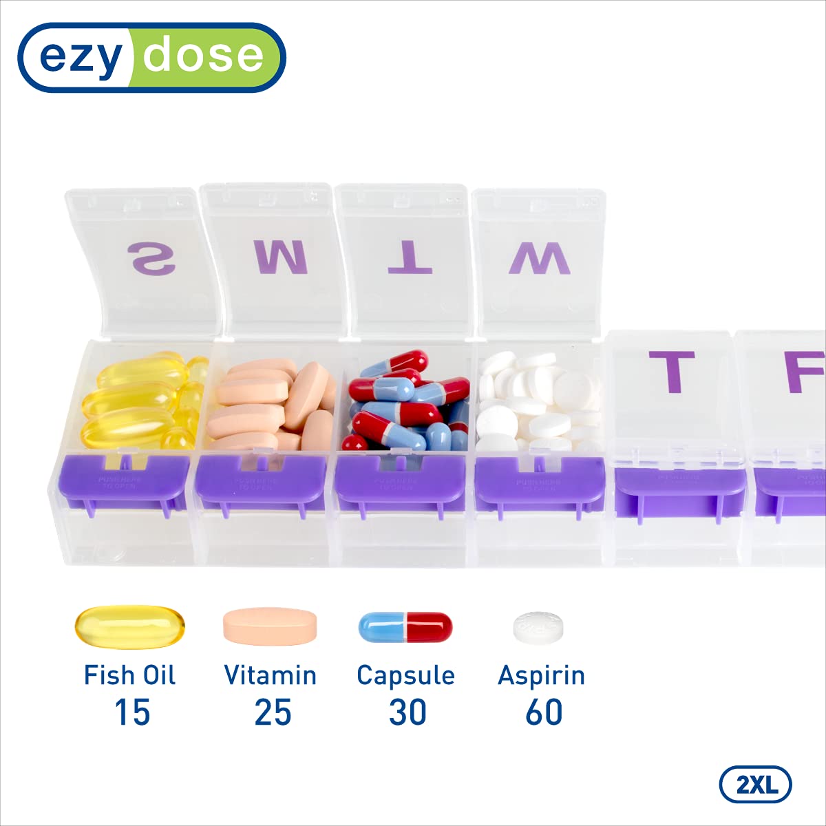 EZY DOSE Weekly (7-Day) Pill Organizer, Vitamin and Medicine Box, Large Push Button Compartments, Clear Lids