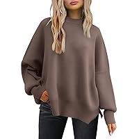 Women's Crewneck Batwing Long Sleeve Sweaters 2023 Fall Oversized Ribbed Knit Side Slit Pullover Tops