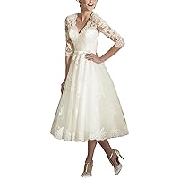 Lorderqueen Women's V Neck Long Sleeve Tea Length Wedding Dresses Lace Bridal Gown