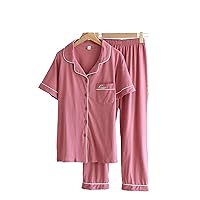 Spring Mens' Cotton Pajamas Sets Short Sleeves Button-down Loungewear Set Comfortable Soft with Long Pants
