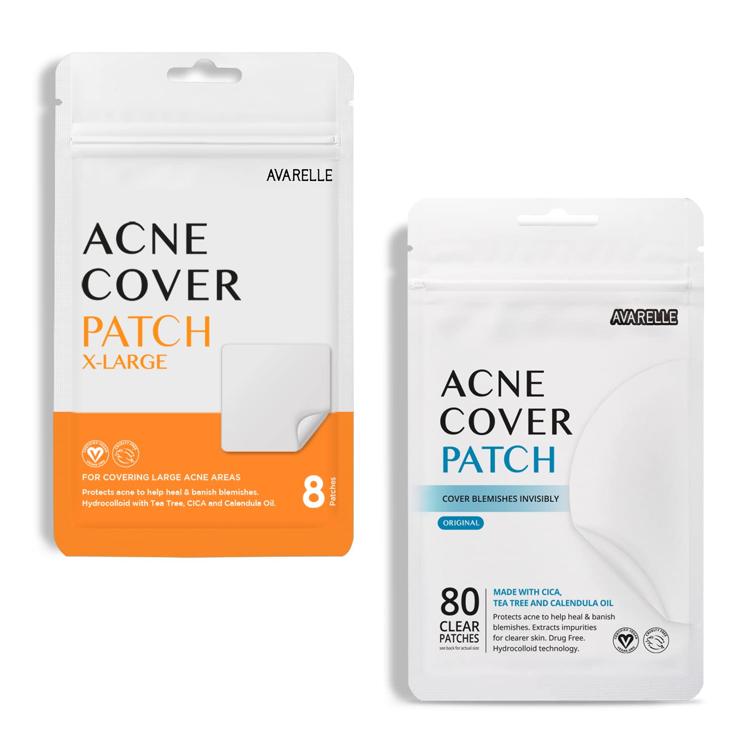 AVARELLE Pimple Patches Hydrocolloid Acne Patches, Acne Spot Treatment for Blemishes and Zit with Tea Tree Oil, Calendula Oil and Cica Oil for Face, Vegan (80CT Original + XL Patch Bundle)
