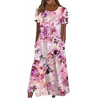 Calf-Length Short Sleeve Holiday Tunic Dress Ladies Party Horror Round Neck Cotton Dress Slim Fit Print Pocket Pink XL