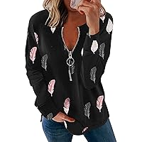 Wirziis Women Long Sleeve Vneck Sweatshirt, Trendy Feather Print Comfy Sweaters Tops Daily Casual Loose Zipper Fall Clothing