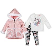 3 Piece Girls Clothing Set with Faux Suede Jacket + Long Sleeve Unicorn Print Shirt + Floral Legging