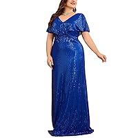 Plus Size Blue V-Neck Sequin Evening Dress Women Party Prom Short Sleeves Cocktail Dress Floor Lenght