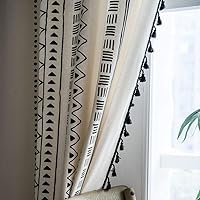 Black and Off White Curtains 63 Inch Length 2 Panels Bohemian Farmhouse Drapes for Living Room Geometric Cotton Linen Semi Sheer Window Curtain Panels with Tassel Rod Pocket Boho Curtains for Bedroom
