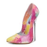 Womens Pointed Toe High Heels 6.3inch/16cm Patent Leather Pumps Wedding Dress Shoes Cute Evening Stilettos Printed Slip on Metal Heels