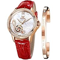 OLEVS Watches for Women Automatic Ladies Watch Mechanical Leather Strap Self-Winding Diamond dial Waterproof