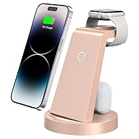 3 in 1 Charging Station for iPhone, Wireless Charger for iPhone 15 14 13 12 11 X Pro Max & Apple Watch - Charging Stand Dock for AirPods (Rose)