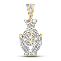 The Diamond Deal 10kt Yellow Gold Mens Round Diamond Money Bag Hands Charm Pendant 1-1/3 Cttw