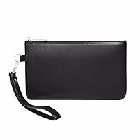 Premium Genuine Grain Leather Wristlet Pouch Zip Clutch Bag w. Card Slots Phone Purse w. Wrist Strap For Men Women
