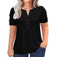 Imily Bela Womens Plus Size Tops Pleated Button Short Sleeve V Neck Summer Casual Tee Shirts
