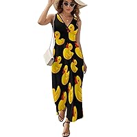 Rubber Yellow Duck Sleeveless Maxi Dresses Casual Beach Long Sundresses with Cross V Neck for Women Summer