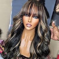 1B/27 Highlight Colored Body Wave Human Hair Wigs With Bangs 13X4 HD Transparent Lace Front Human Hair Bangs Wigs 180 Density Glueless Brazilian Remy Hair Wigs For Woman Highlight Blonde Wig For Women