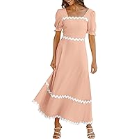 Women's Solid Color Square Neck Short Puff Sleeve Dress Casual Tie Back Smocked A Line Flowy Bubble Dresses, S-2XL