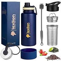 Tea Infuser Bottle - Fruit Infuser Water Bottle 32 Oz, Triple Walled Insulated Stainless Steel Bottle, Thermal Leaf Infuser, Silicone Sleeve, Cleaning Brush, 3 Lids Leakproof, Metal Mug Gallon