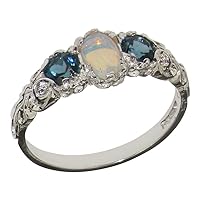 18k White Gold Real Genuine Opal and Blue Topaz Womens Band Ring