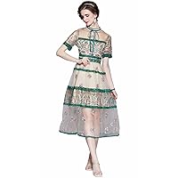 Women's Summer Short Sleeve Dresses Dress Luxury Formal Lace Jacquard Organza Embroidered Slim Midi Dresses (Beige & Green, US 10,Asian Size XL)