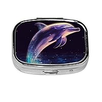 Glitter Dolphin Print Pill Box Square Pill Case 2 Compartment Small Metal Medicine Organizer Portable Travel Pillbox for Pocket Purse Cute Mini Pill Container to Hold Daily Vitamins