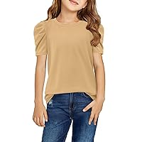 Girls Puff Short Sleeve Shirts Round Neck Tunic Tops Casual Solid Blouses 5-14 Years