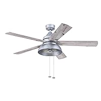 Prominence Home Brightondale, 52 Inch Industrial Style Indoor Outdoor LED Ceiling Fan with Light, Pull Chain, Dual Mounting Options, 5 Dual Finish Blades, Reversible Motor - 51660-01 (Galvanized)