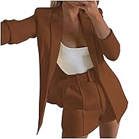 2 Piece Outfits Suits Set Long Sleeve Lapel Collar Pocket Blazer and Straight Shorts Business Suit Sets with Belt