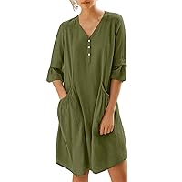 Jersey Dresses for Women,Women's Casual Loose Fitting V Neck Patchwork Medium Sleeved Solid Color Dress Lollipo