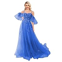 Off Shoulder Tulle Prom Dresses Lace Appliques Formal Dress Long Spaghetti Straps Ball Gown with Puffy Sleeve for Women Blue