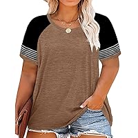 RITERA Plus Size Tops for Women Striped Print Color Block Raglan Tunic for Ladies Oversized Round Neck Short Sleeve Summer Tshirt Brown 2X 18W 20W