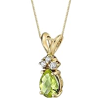 PEORA Solid 14K Yellow Gold Peridot and Diamonds Pendant for Women, Genuine Gemstone Birthstone Teardrop Solitaire, Pear Shape, 7x5mm, 0.75 Carat total