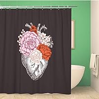 Bathroom Shower Curtain Flower Tattoo Anatomy Vintage Illustration Floral Romantic Anatomical Heart Vector Polyester Fabric 60x72 inches Waterproof Bath Curtain Set with Hooks