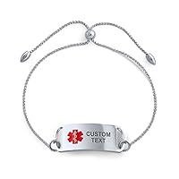 Personalize Customizable Name Style Tag Medical ID Box Link Chain Bolo Bracelet thin Adjustable Engrave For Women Teen Silver Tone Stainless Steel