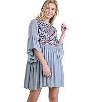 Umgee Women's Floral Embroidered Keyhole Bell Sleeve Mini Dress Bohemian