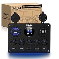 90101E 5Gang Multi-Function 5 Gang Rocker Dual USB Charger + Digital Volmeter +12V Outlet Pre-Wired Switch Panel with Circuit Breakers for RV Car Boat Truck Trailer,2 Years Warranty,Blue