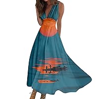 Womens Summer Maxi Dress 2024 Sleeveless Deep V Neck Floral Printed High Waist Maxi Flowy Beach Dress