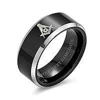 Laser Etched Square & Compass Freemason Masonic Black Titanium Band Ring For Men Comfort Fit 8MM