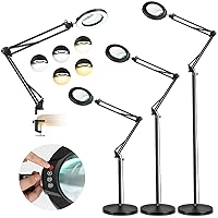 8X Magnifying Glass with Light and Stand, Krstlv 4-in-1 LED 5 Color Modes Stepless Dimmable Magnifying Floor Lamp, Adjustable Swing Arm Lighted Magnifier Lamp with Clamp for Close work, Craft, Reading