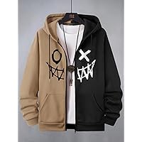 Guys Cartoon Graphic Zip Up Two Tone Drawstring Hoodie Without Tee (Color : Multicolor, Size : X-Large)