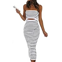 Women Strapless Dress Stripe Maxi Cut Out Knit Dress Tube Cutout Summer Bodycon Midi Dress