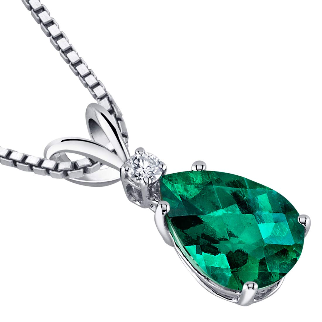 Peora Created Emerald with Genuine Diamond Pendant for Women 14K White Gold, Elegant Teardrop Solitaire, Pear Shape, 10x7mm, 1.75 Carats total