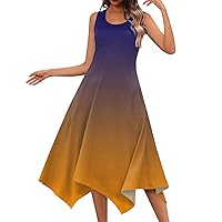 Floral Dress for Women, Plus Size Dresses for Women Slip for Women Under Dress Irregular Hem Dress Ladies 2024 Round Neck Loose Sleeveless Trendy Midi Women's Printing Breathable (Orange,X-Large)