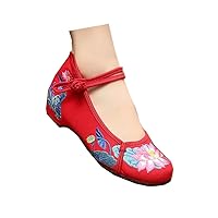 Chinese Embroidery Lotus Oxfords Sole Girls Mary Jane Plarform Shoes Red