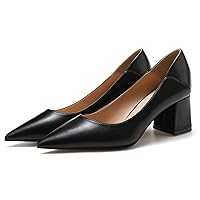 Women Pointed Toe Dressy Pumps Sleek Leather Office Low Heels Go to Pumps Collapsible Block Heels