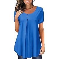 Summer Outfits for Women,Womens Solid Crewneck Ruched Short Sleeve Shirts for Leggings Loose Button Down Tunic Tops
