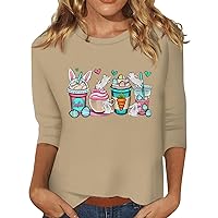 Three Quarter Sleeve Shirt Womens Blouse Round Neck Tunic 2024 Tee Easter Print Summer Trendy Tshirt Casual Casual Tops